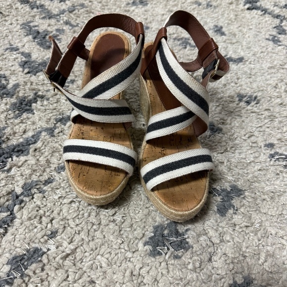 Weekend MaxMara Striped Black White Canvas Leather Espadrille Wedge Sandals 37 - Picture 5 of 8